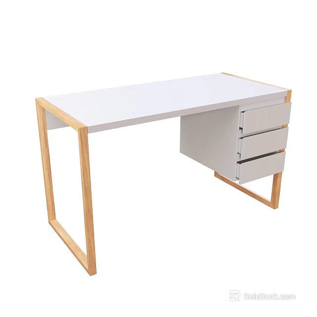 Modern Office Desk With White Tabletop Wooden Legs And Functional Drawer Storage 3d model 