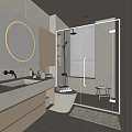 Modern Bathroom Interior Featuring Circular Mirror White Sink Counter Wooden Cabinets Glass Shower And Toilet