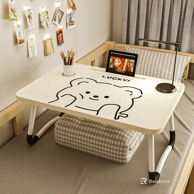 Kids Desk on Bed with Cartoon Bear Design Color Pencils Tablet and Checkered Cushion 3d model 