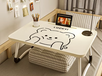 Kids Desk on Bed with Cartoon Bear Design Color Pencils Tablet and Checkered Cushion 3d model