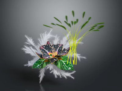 Colorful Flower With White Feather Decorations And Green Long Stemmed Plants In Dark Background 3d model