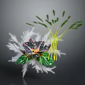 Colorful Flower With White Feather Decorations And Green Long Stemmed Plants In Dark Background