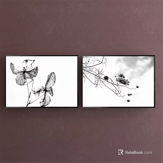 Black And White Plant Paintings With Flowers And Branches Hanging On Wall 3d model 