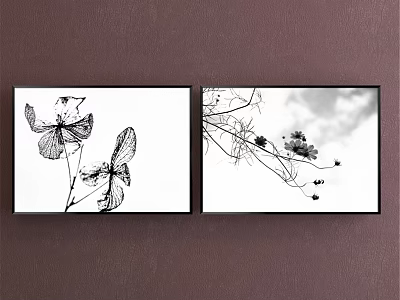 Black And White Plant Paintings With Flowers And Branches Hanging On Wall 3d model