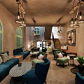 Modern Café Interior Design With Green Counter Black Chairs Checkered Tiles And Potted Plants
