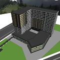 Modern Office Building Exterior Design With Glass Curtain Wall Square Windows And Green Landscape