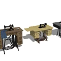 Vintage Sewing Machines On Wooden Tables With Storage Drawers And Different Designs