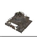Rustic Circular Building Featuring Domed Roof Wooden Railings Stone Paved Ground And Wooden Barrels