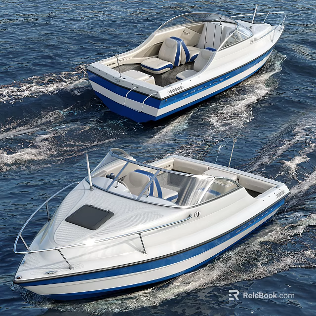 Two Modern White Yachts with Blue Stripes and Open Deck Cruising on Ocean Water 3d model 