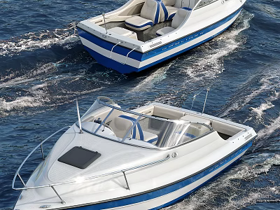 Two Modern White Yachts with Blue Stripes and Open Deck Cruising on Ocean Water 3d model
