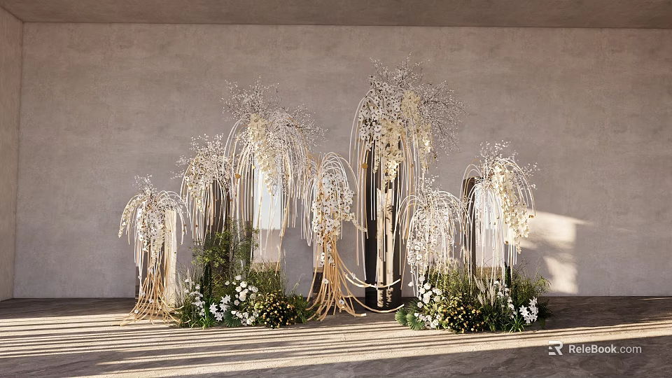 Elegant Event Decoration With Gold White Hanging Ornaments Fresh Flowers And Green Plants 3d model 