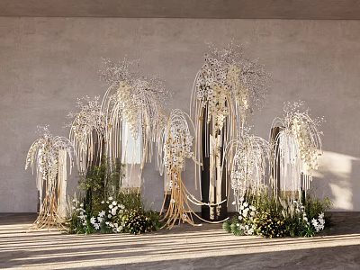 Elegant Event Decoration With Gold White Hanging Ornaments Fresh Flowers And Green Plants 3d model
