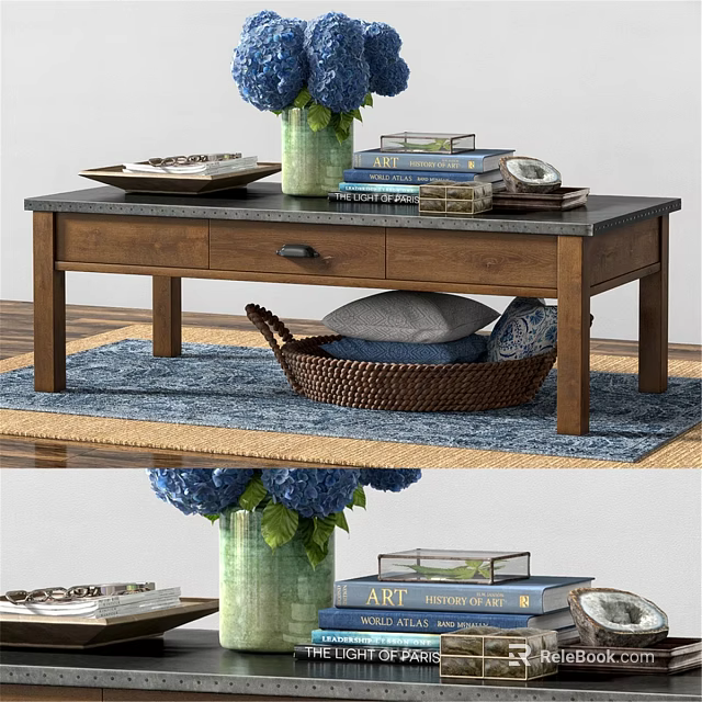 Modern Wooden Dining Table with Drawer Books Vase and Woven Basket on Rug 3d model 