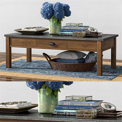 Modern Wooden Dining Table with Drawer Books Vase and Woven Basket on Rug 3d model