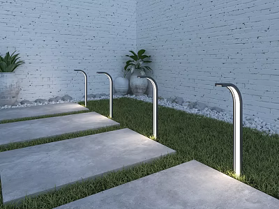 Modern Outdoor Lights Illuminating Garden Path With Stone Slabs White Brick Wall And Green Plants 3d model