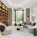 Elegant Modern Dining Room Interior With Wooden Table White Chairs Bookshelves And Decorative Painting