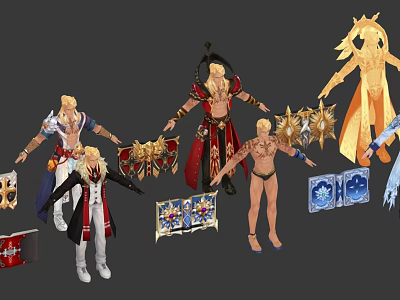 Game Movie Characters Featuring Various Stylish Costumes Weapons And Decorative Items 3d model