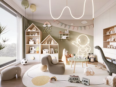 Cozy Kids Room With Astronaut Mural Tent Shaped Bookshelves Plush Toys And Play Mat 3d model