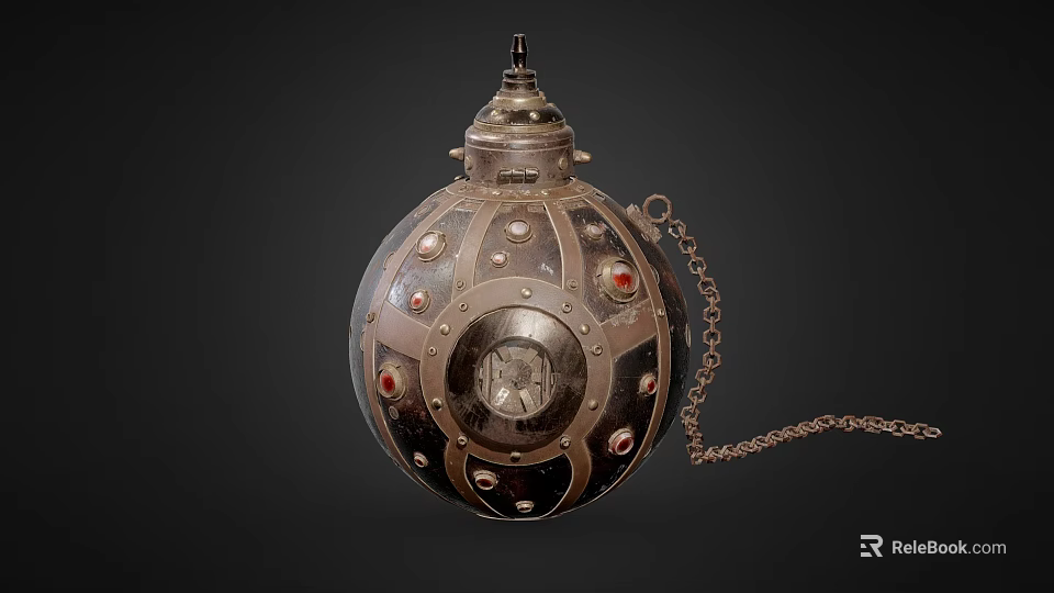 Antique Metallic Sphere Shaped Wine Bottle With Chain And Gemstone Decorations 3d model 