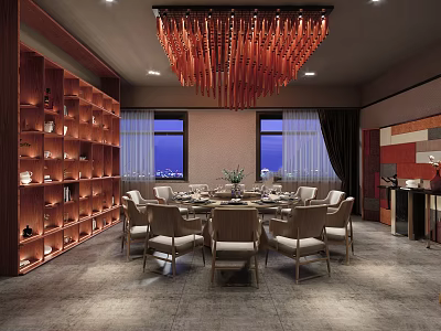 Elegant Private Dining Room With Round Table Beige Chairs Red Pendant Light And Wooden Bookshelf 3d model