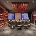 Elegant Private Dining Room With Round Table Beige Chairs Red Pendant Light And Wooden Bookshelf