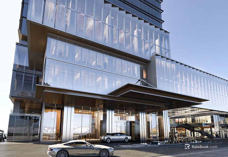Modern Office Building Exterior With Glass Curtain Wall Metal Structure And Elegant Urban Entrance 3d model 