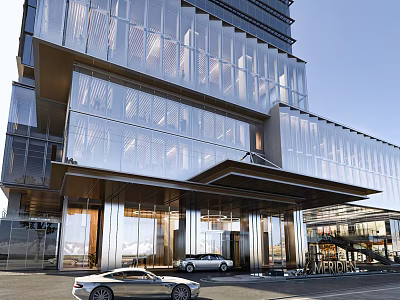 Modern Office Building Exterior With Glass Curtain Wall Metal Structure And Elegant Urban Entrance 3d model