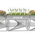 Three Flower Planters With Geometric Line Stand And Pink White Flowers