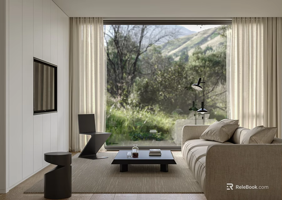 Modern Living Dining Room Interior Design With Light Sofa Black Coffee Table And Greenery View 3d model 