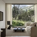Modern Living Dining Room Interior Design With Light Sofa Black Coffee Table And Greenery View