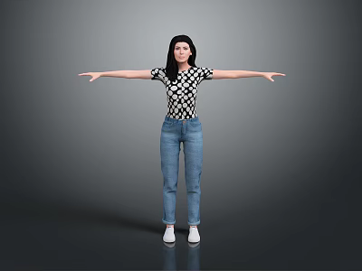 Cute Child Standing With Arms Outstretched In Checkered Top Blue Jeans And White Shoes 3d model