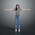 Cute Child Standing With Arms Outstretched In Checkered Top Blue Jeans And White Shoes