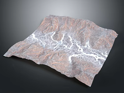 3D Mountainous Terrain Model With River Networks And Brown Textured Surface 3d model