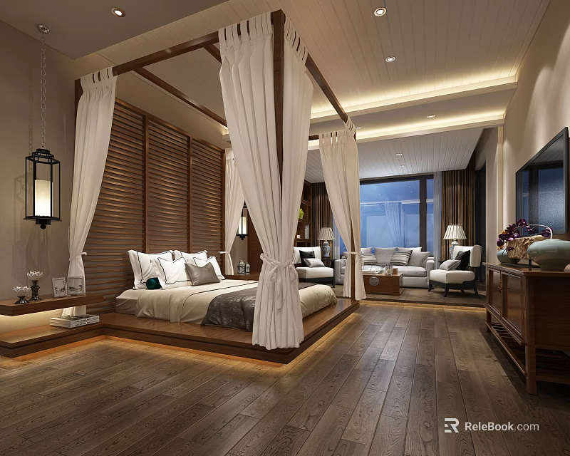 Modern Hotel Room Interior With Four Poster Bed White Curtains And Wooden Decor 3d model 