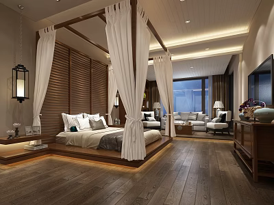 Modern Hotel Room Interior With Four Poster Bed White Curtains And Wooden Decor 3d model