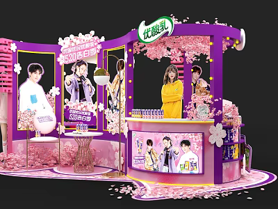 Tobacco and Liquor Store Pink Cherry Blossom Booth With Products And Character Standees 3d model