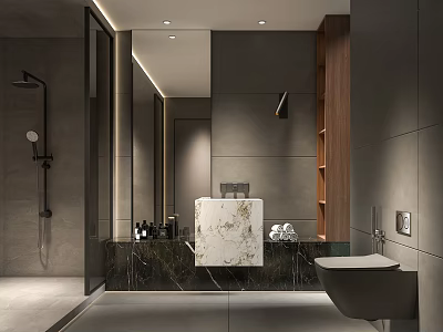 Modern Bathroom Interior With Recessed Lighting Marble Vanity Large Mirror And Glass Shower 3d model