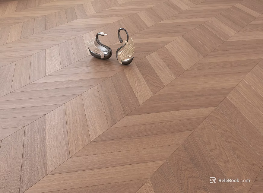Herringbone Pattern Wooden Flooring With Natural Wood Texture And Metal Swan Figurines 3d model 