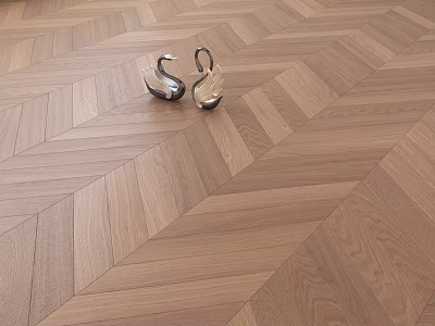 Herringbone Pattern Wooden Flooring With Natural Wood Texture And Metal Swan Figurines 3d model