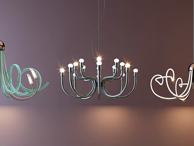 Decorative Abstract Chandeliers Modern Unique Shaped Design Illuminated Against Purple Wall 3d model
