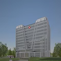 Modern High Rise Hospital Building with Glass Curtain Walls Red Cross Symbol and Trees
