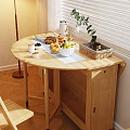 Wooden Foldable Dining Table Set with Cabinet and Drawer Featuring Fruits Bread Plant and Basket