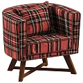 Stylish Red Plaid Accent Chair With Upholstered Fabric And Brown Wooden Legs
