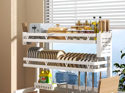 White Kitchen Cabinet Storage Organizer With Plates Spices Utensils And Natural Light 3d model