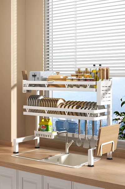 White Kitchen Cabinet Storage Organizer With Plates Spices Utensils And Natural Light 3d model