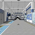 Spacious Industrial Factory Interior With White Pillars Blue Signs Hanging Equipment and Floor Lines
