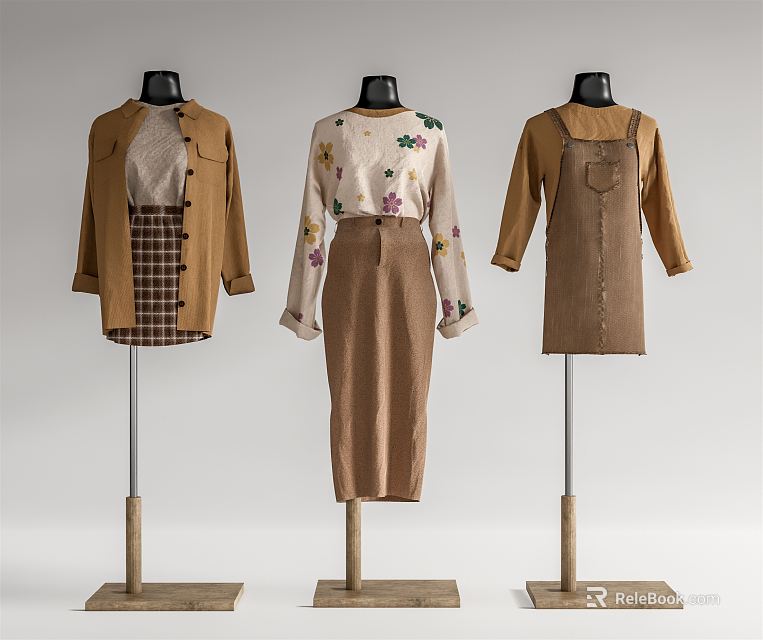 Three Fashion Models Wearing Brown Jacket Checkered Inner Floral Top Brown Skirt And Overall Dress 3d model 