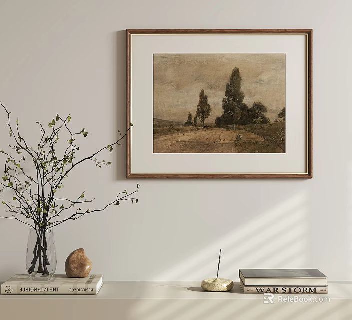 Rustic Country Landscape Oil Painting With Trees Field Path And Brown Frame 3d model 
