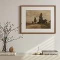 Rustic Country Landscape Oil Painting With Trees Field Path And Brown Frame