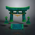 Traditional Japanese Torii Gate Structure With Stone Lanterns And Front Steps